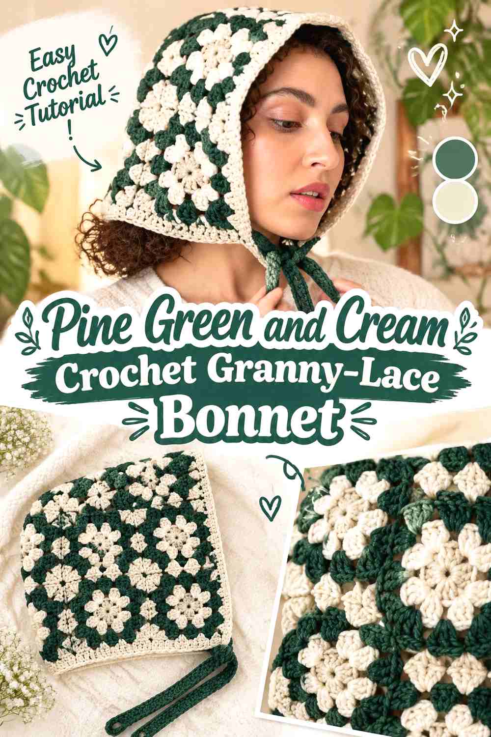 10. Pine Green and Cream Crochet Granny-Lace Bonnet