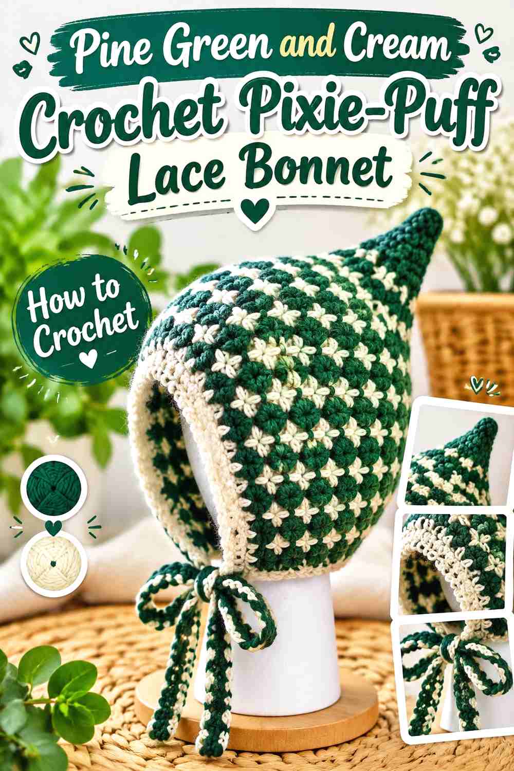 11. Pine Green and Cream Crochet Pixie-Puff Lace Bonnet
