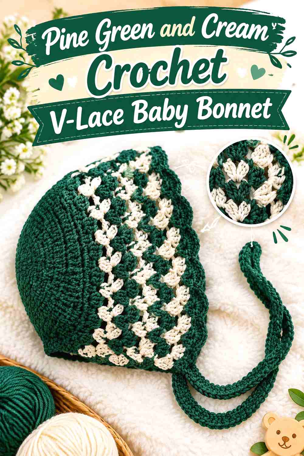 4. Pine Green and Cream Crochet V-Lace Baby Bonnet
