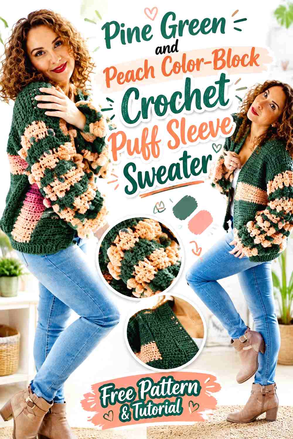 11. Pine Green and Peach Color-Block Crochet Puff Sleeve Sweater