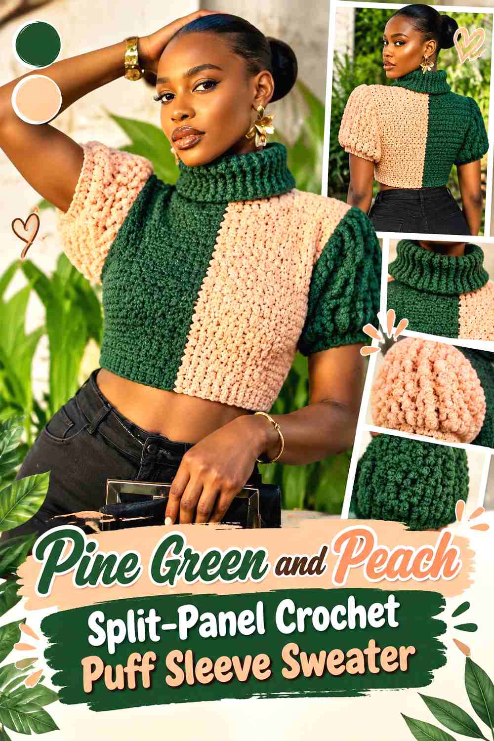 16. Pine Green and Peach Split-Panel Crochet Puff Sleeve Sweater