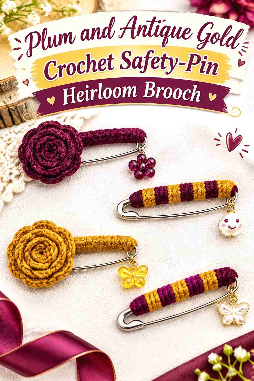 9. Plum And Antique Gold Crochet Safety Pin Heirloom Brooch