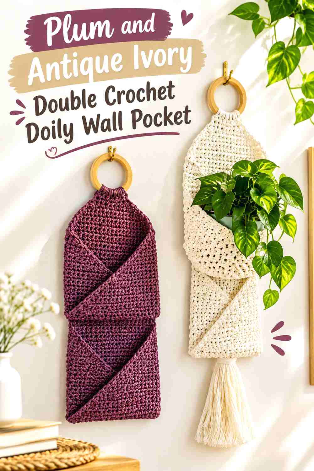 9. Plum And Antique Ivory Double Crochet Doily Wall Pocket