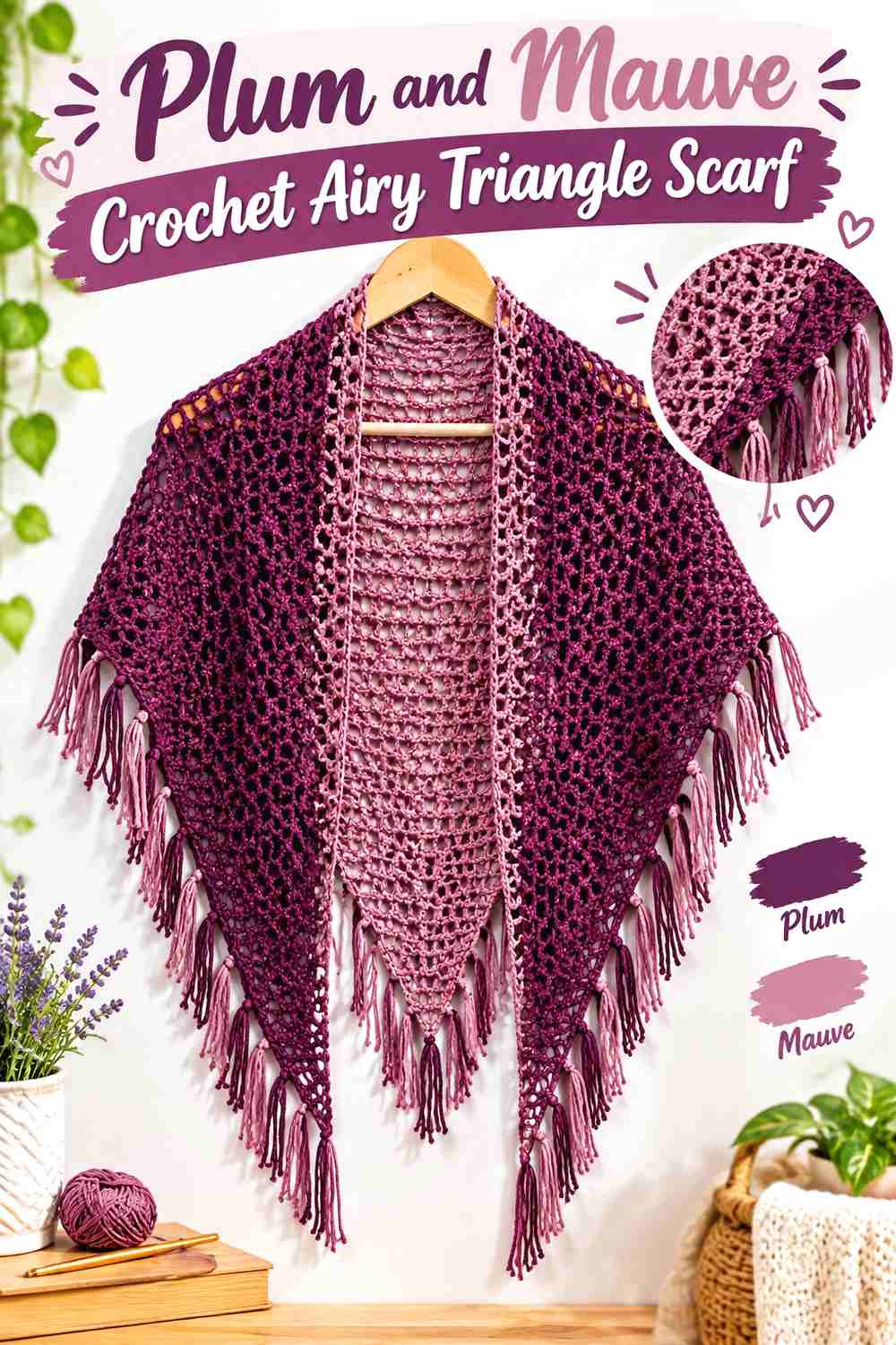 5. Plum And Mauve Crochet Airy Triangle Scarf