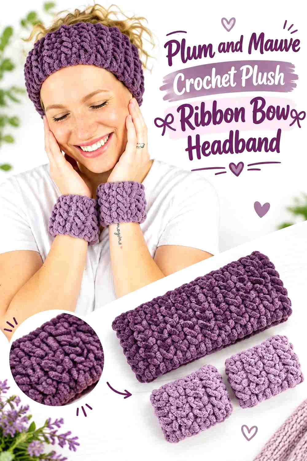 10. Plum And Mauve Crochet Plush Ribbon Bow Headband