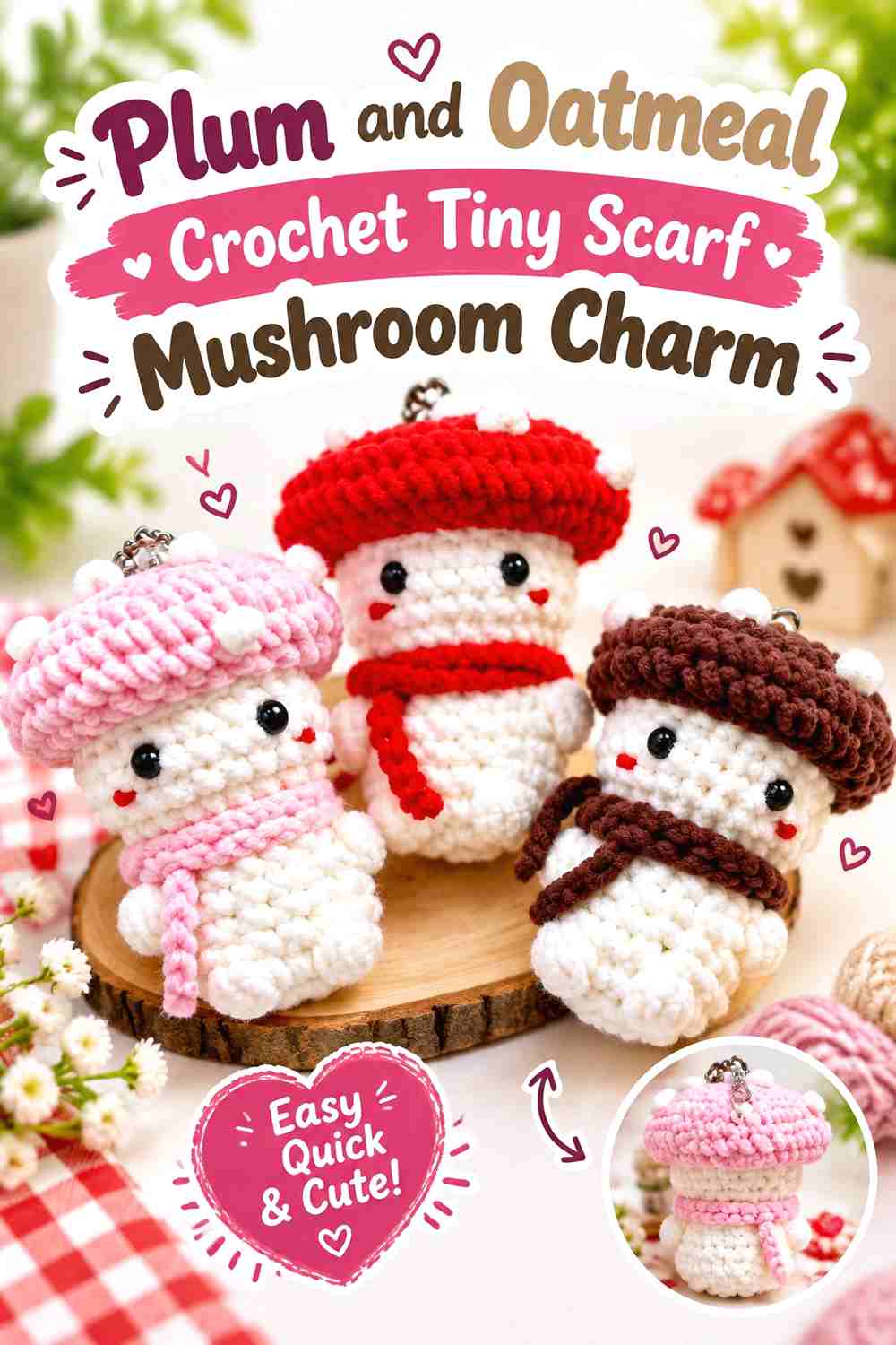 6. Plum And Oatmeal Crochet Tiny Scarf Mushroom Charm