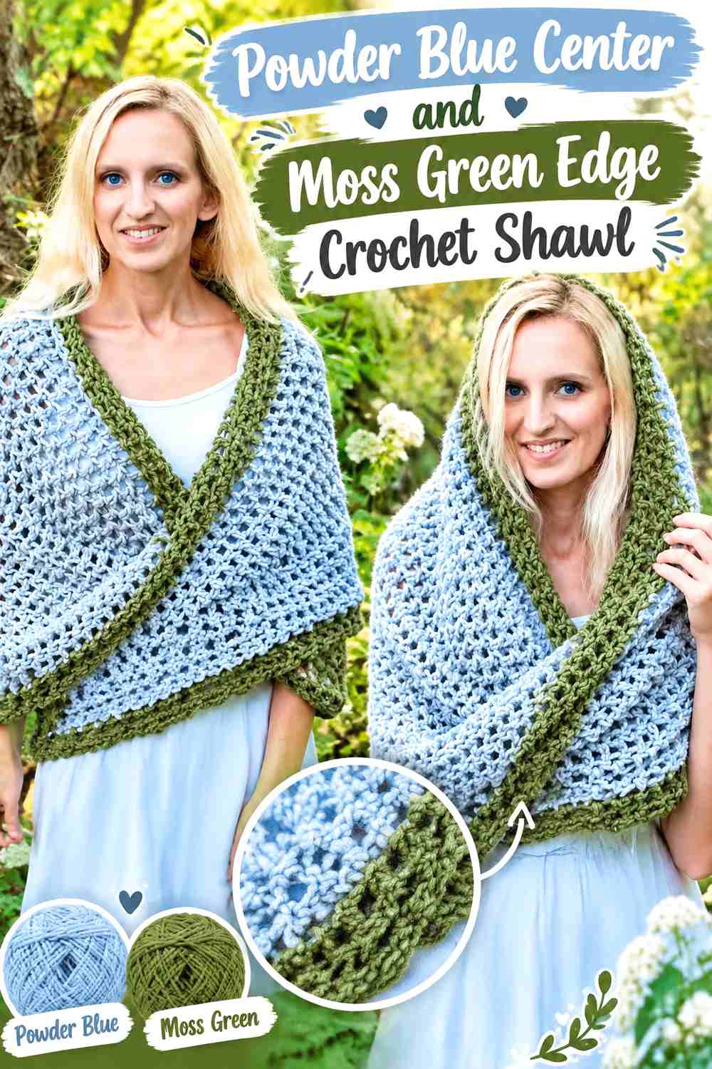 10. Powder Blue Center And Moss Green Edge Crochet Shawl