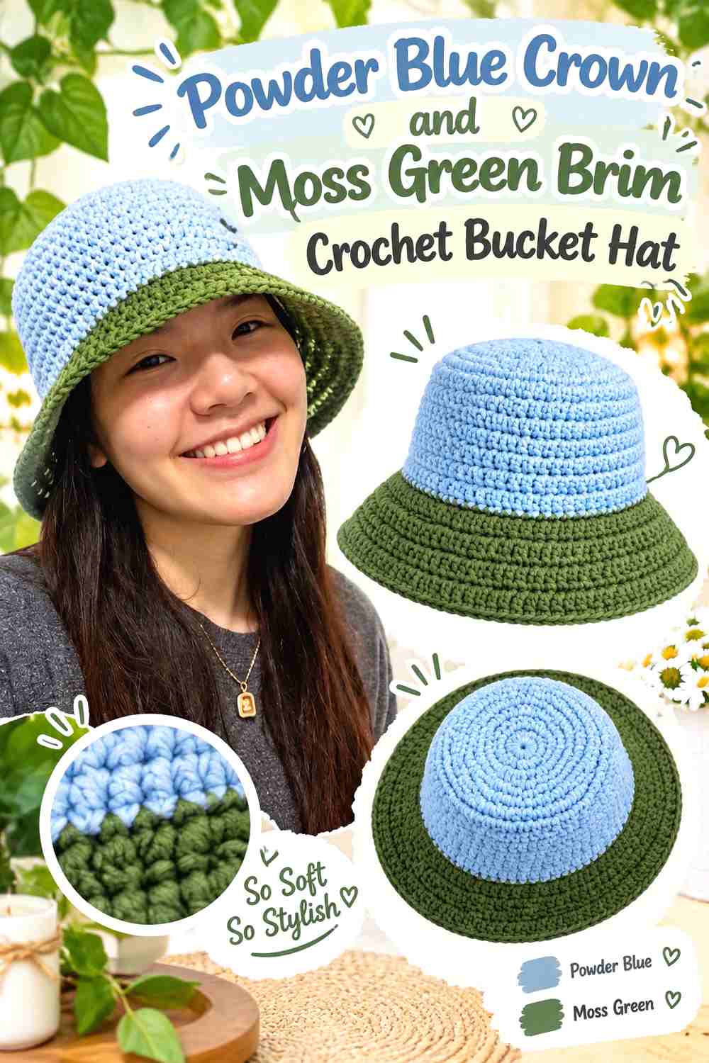 7. Powder Blue Crown And Moss Green Brim Crochet Bucket Hat