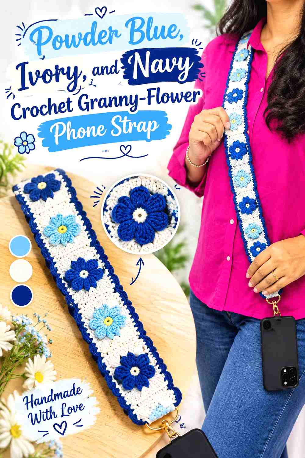 4. Powder Blue Ivory And Navy Crochet Granny Flower Phone Strap