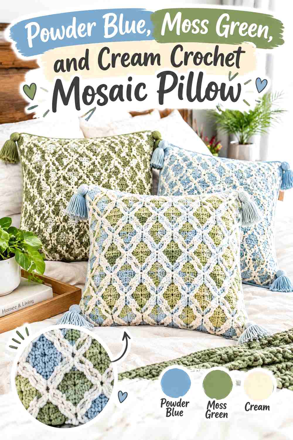 4. Powder Blue Moss Green And Cream Crochet Mosaic Pillow