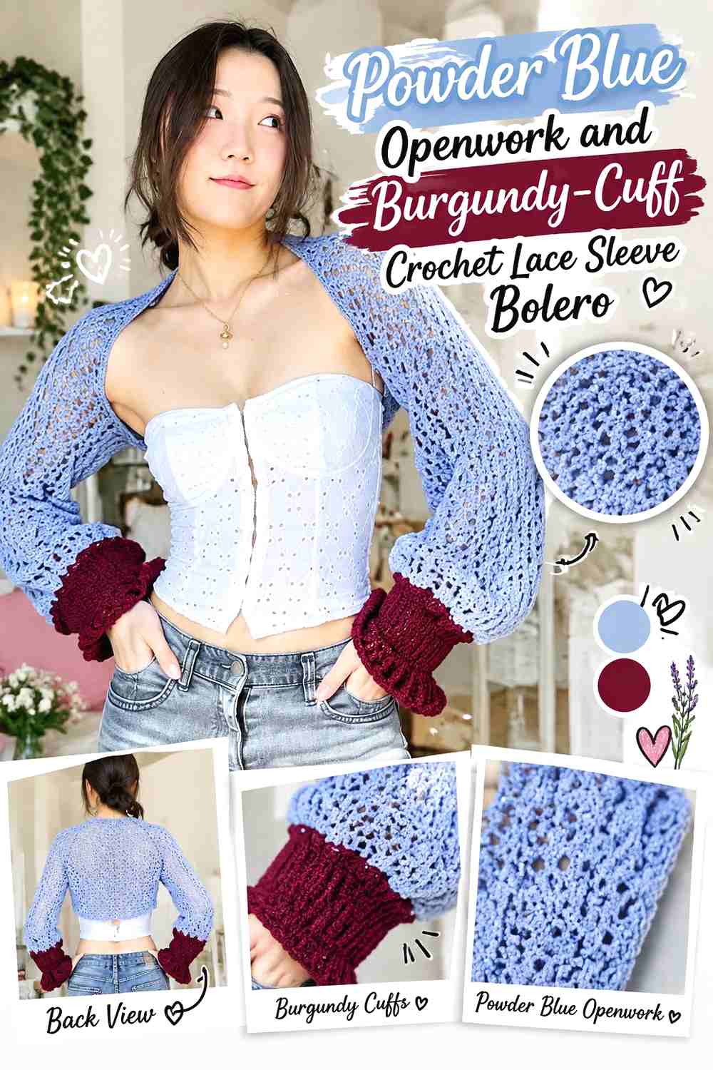 10. Powder Blue Openwork and Burgundy-Cuff Crochet Lace Sleeve Bolero