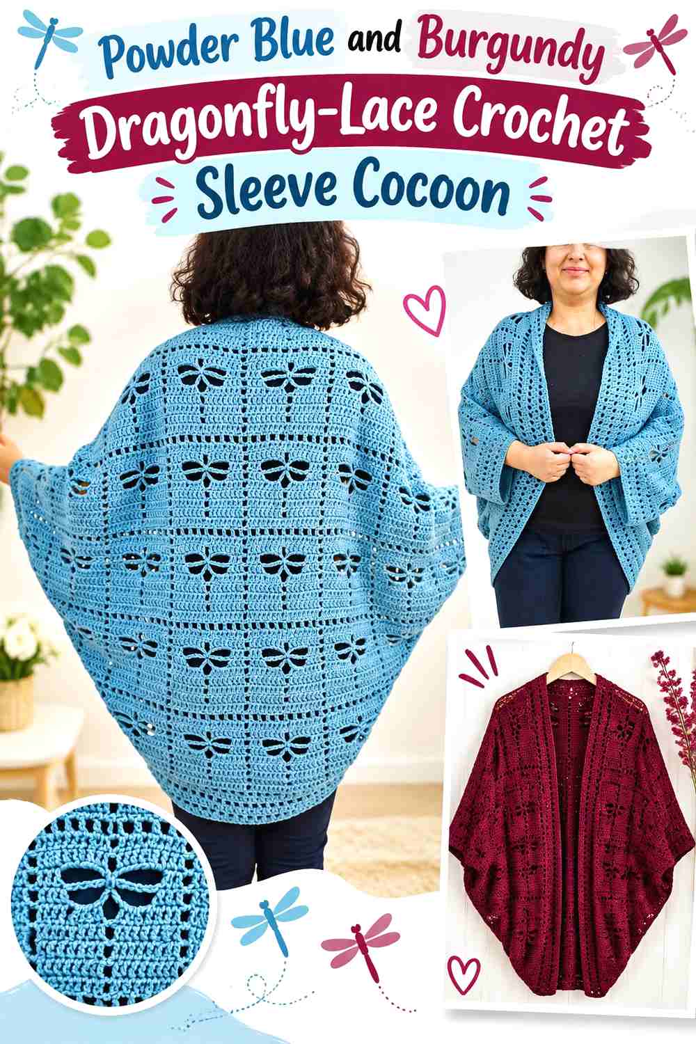 6. Powder Blue and Burgundy Dragonfly-Lace Crochet Sleeve Cocoon