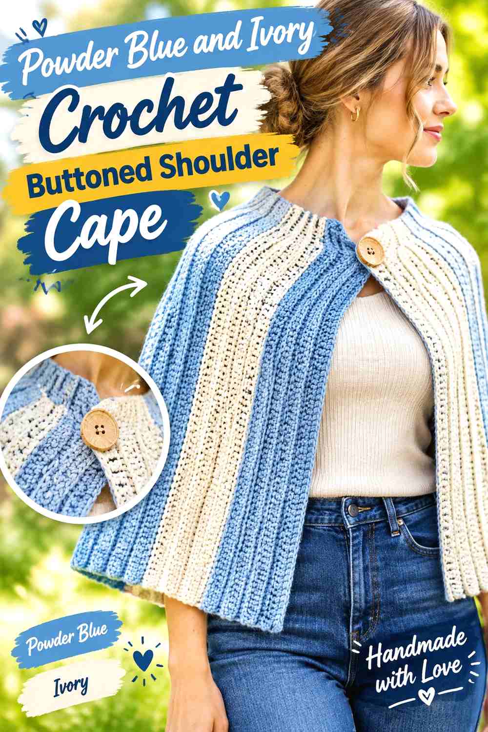 5. Powder Blue And Ivory Crochet Buttoned Shoulder Cape