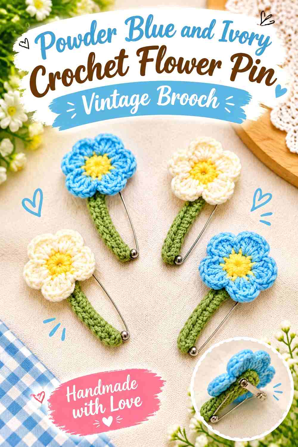 6. Powder Blue And Ivory Crochet Flower Pin Vintage Brooch