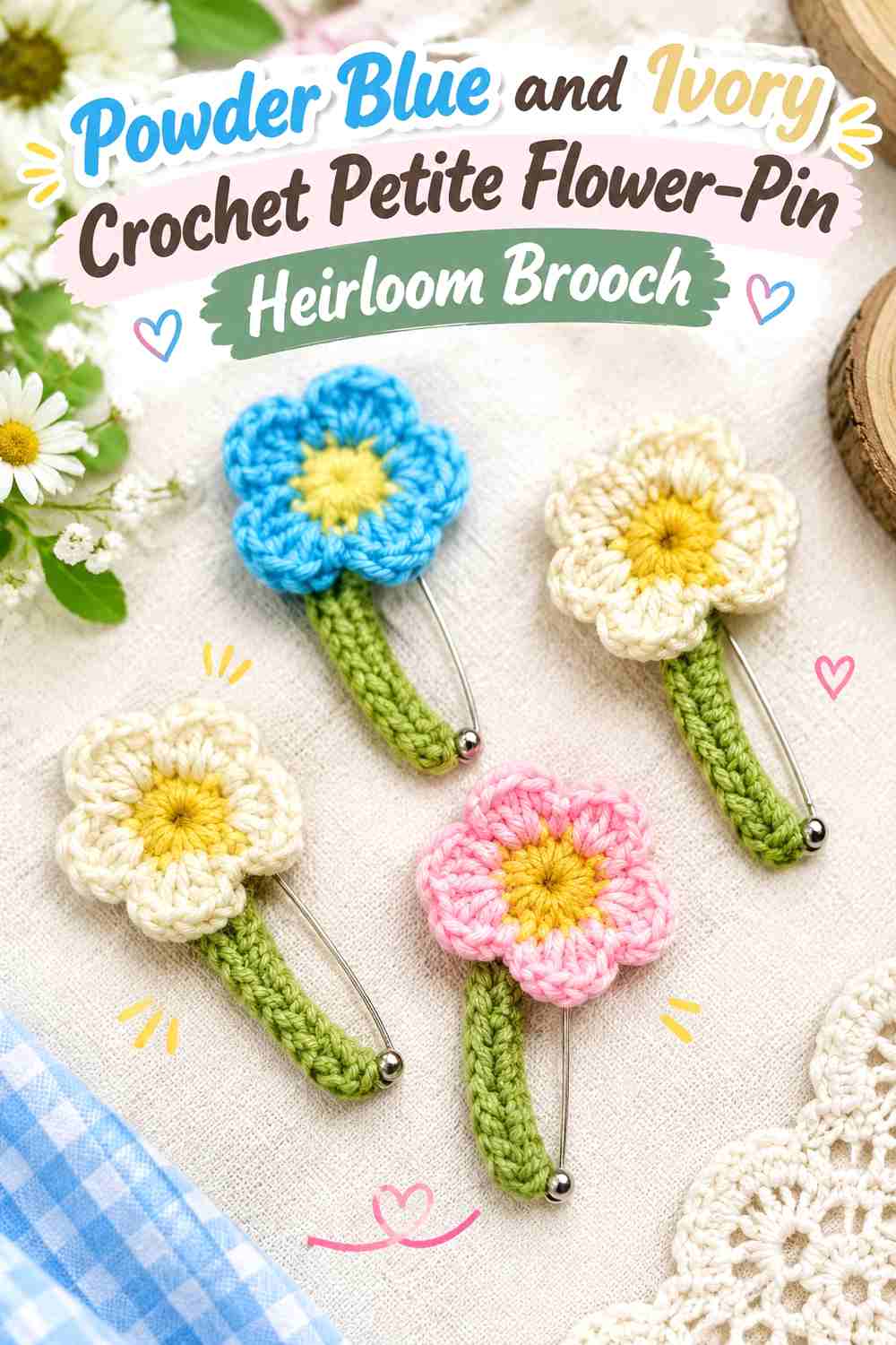 8. Powder Blue And Ivory Crochet Petite Flower Pin Heirloom Brooch