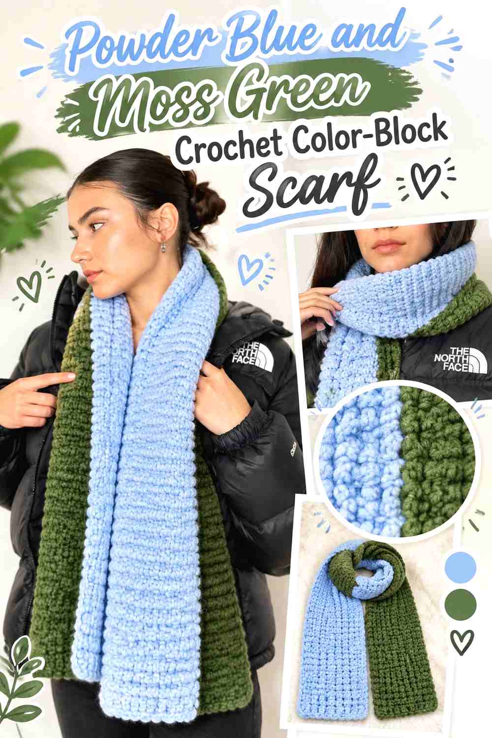 5. Powder Blue And Moss Green Crochet Color Block Scarf