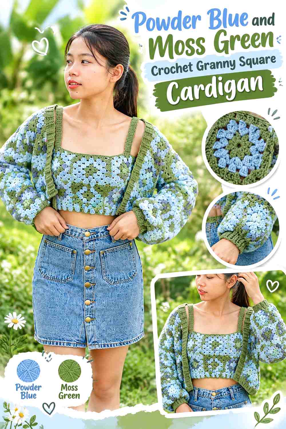 2. Powder Blue And Moss Green Crochet Granny Square Cardigan
