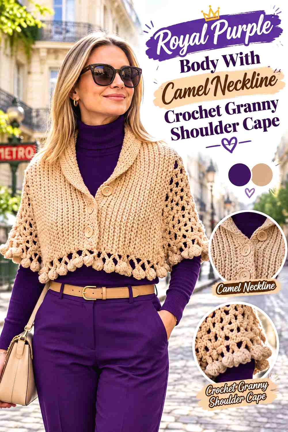 16. Royal Purple Body With Camel Neckline Crochet Granny Shoulder Cape