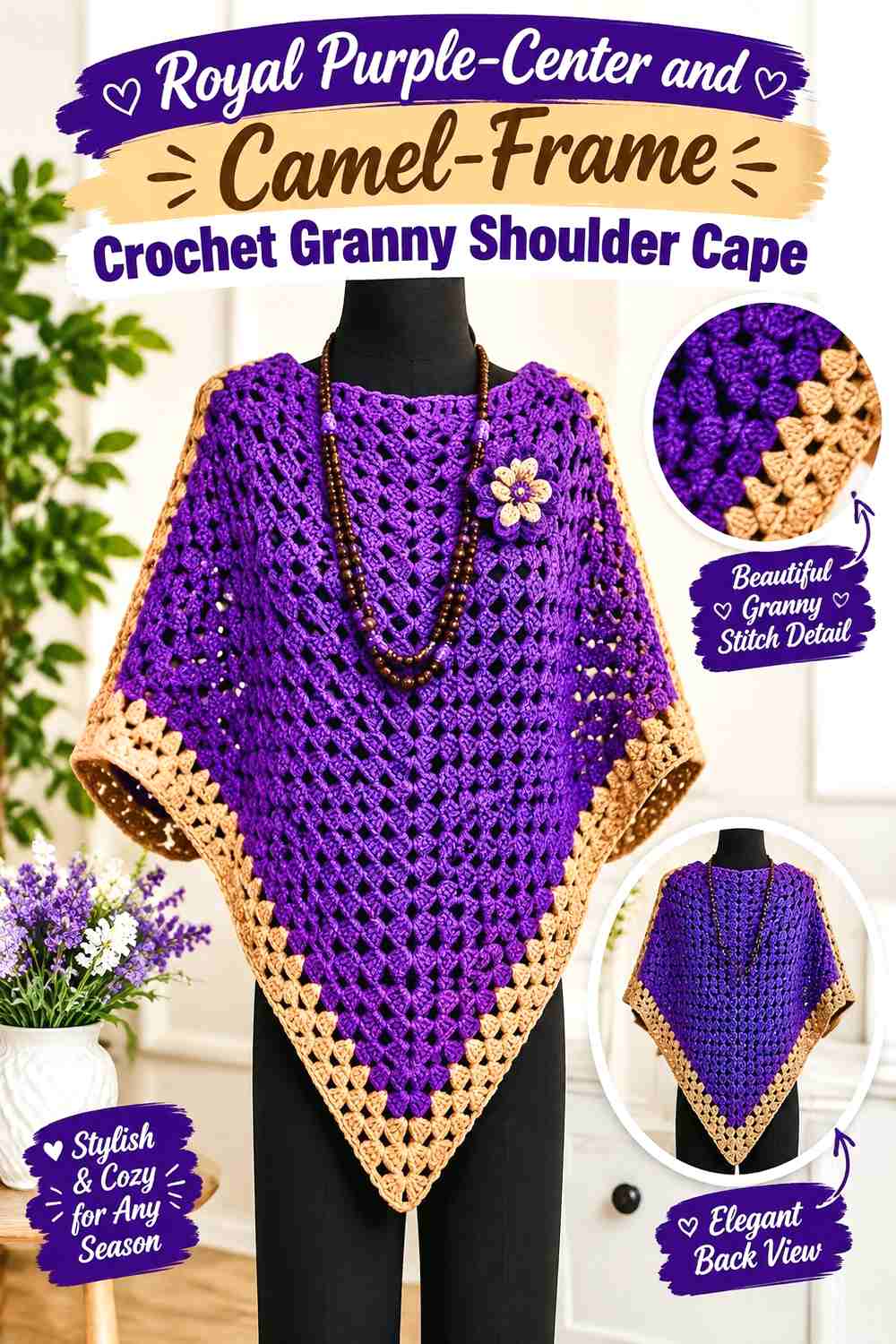 4. Royal Purple-Center and Camel-Frame Crochet Granny Shoulder Cape