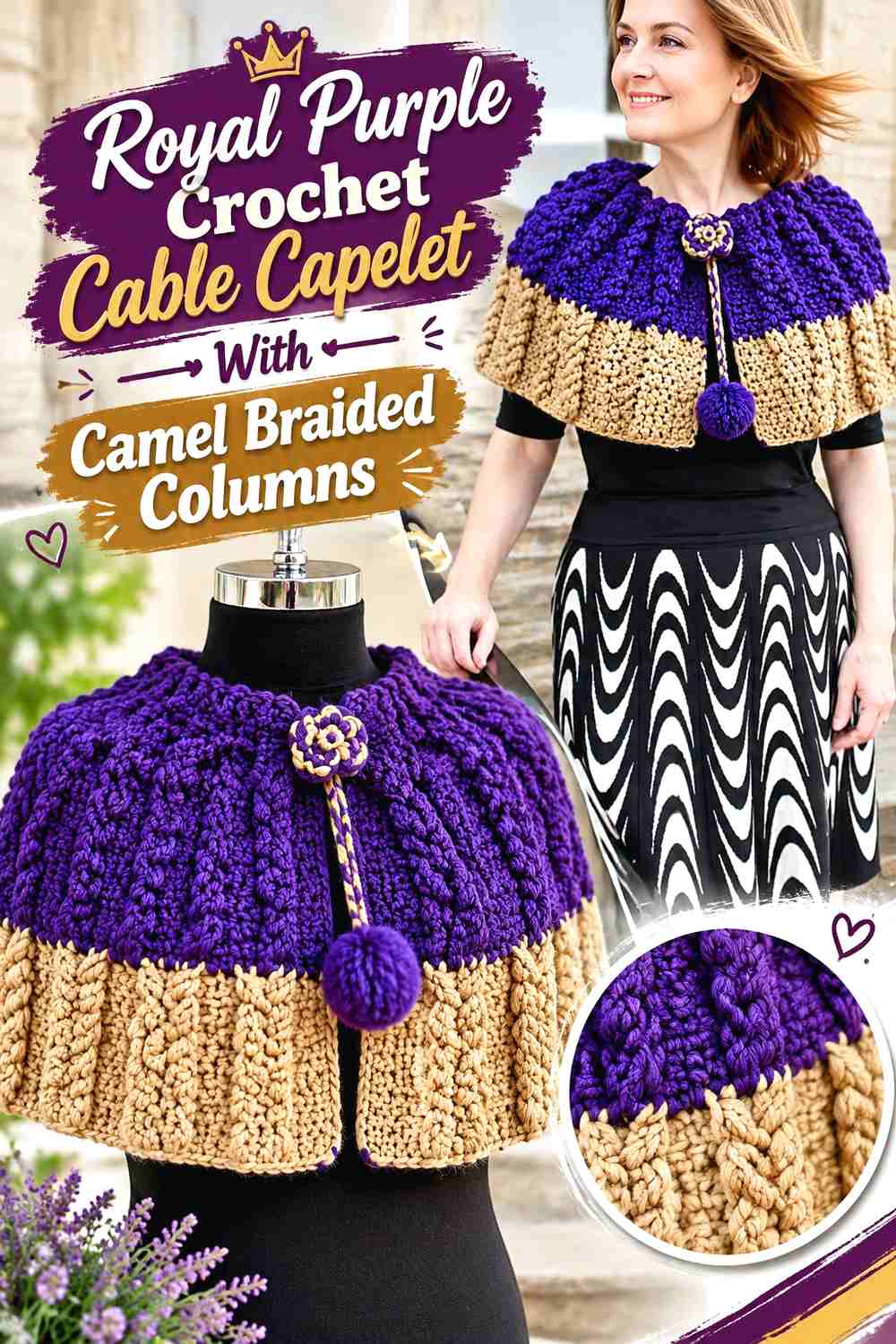 1. Royal Purple Crochet Cable Capelet With Camel Braided Columns