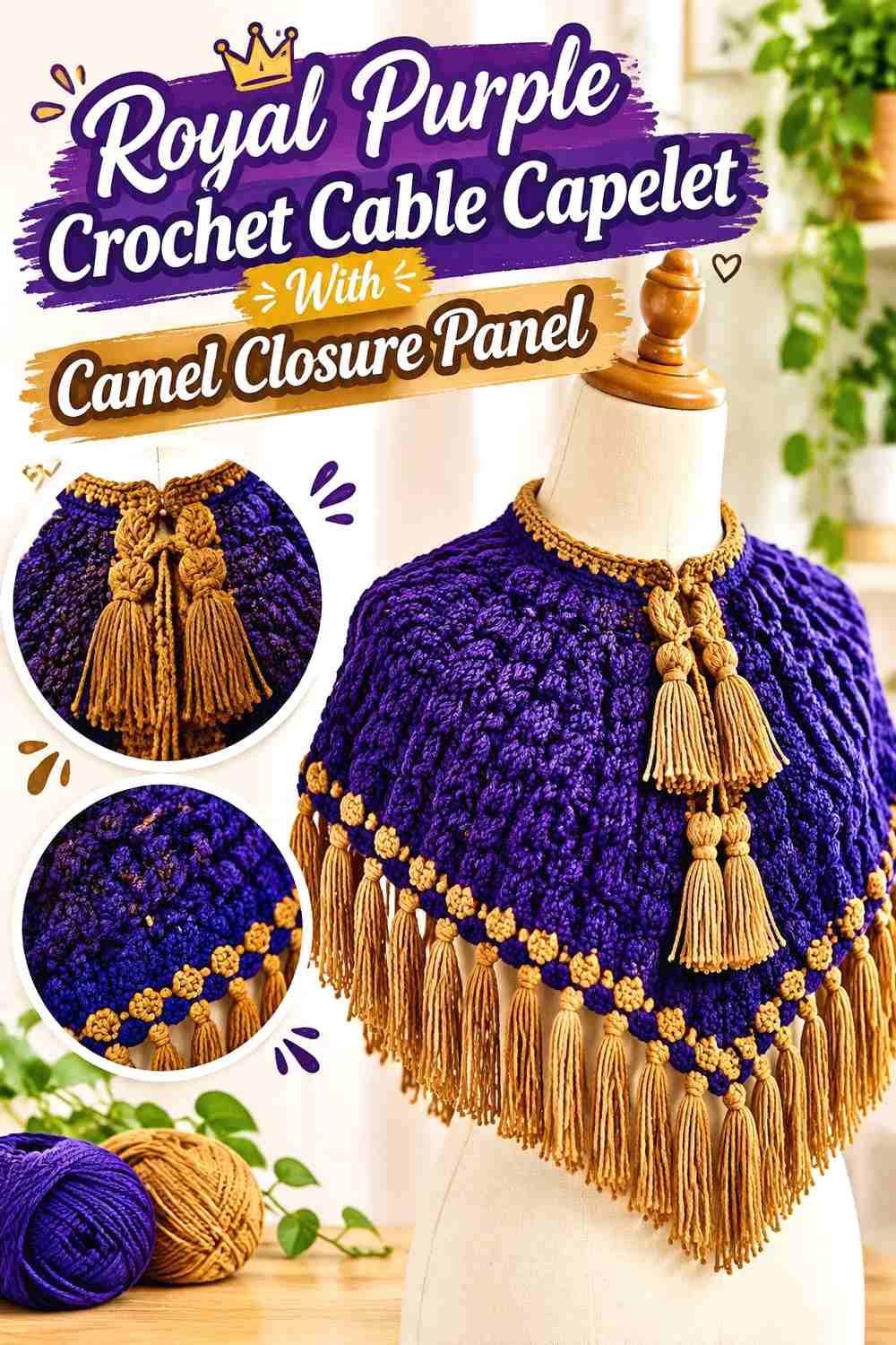 11. Royal Purple Crochet Cable Capelet With Camel Closure Panel