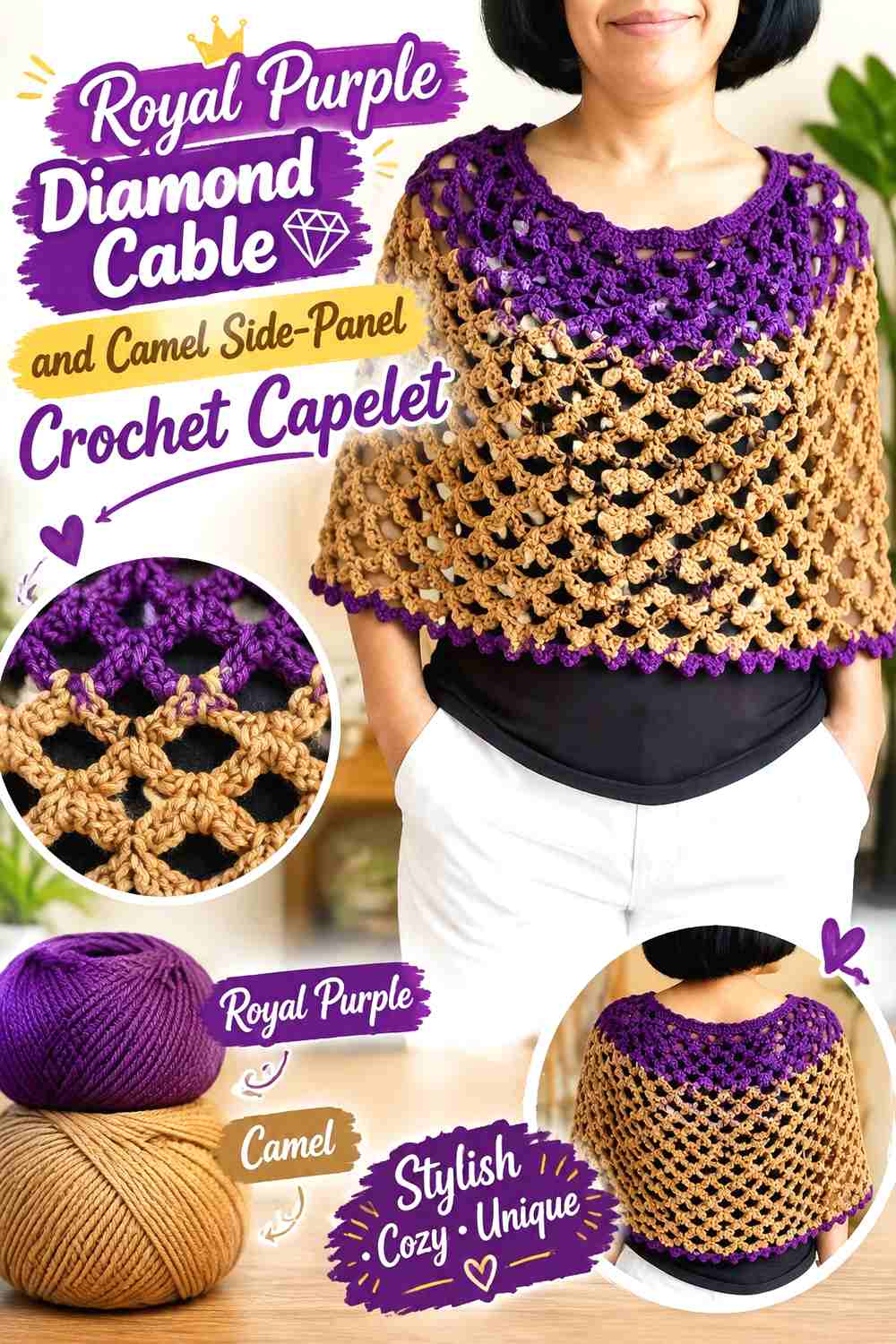 5. Royal Purple Diamond Cable and Camel Side-Panel Crochet Capelet