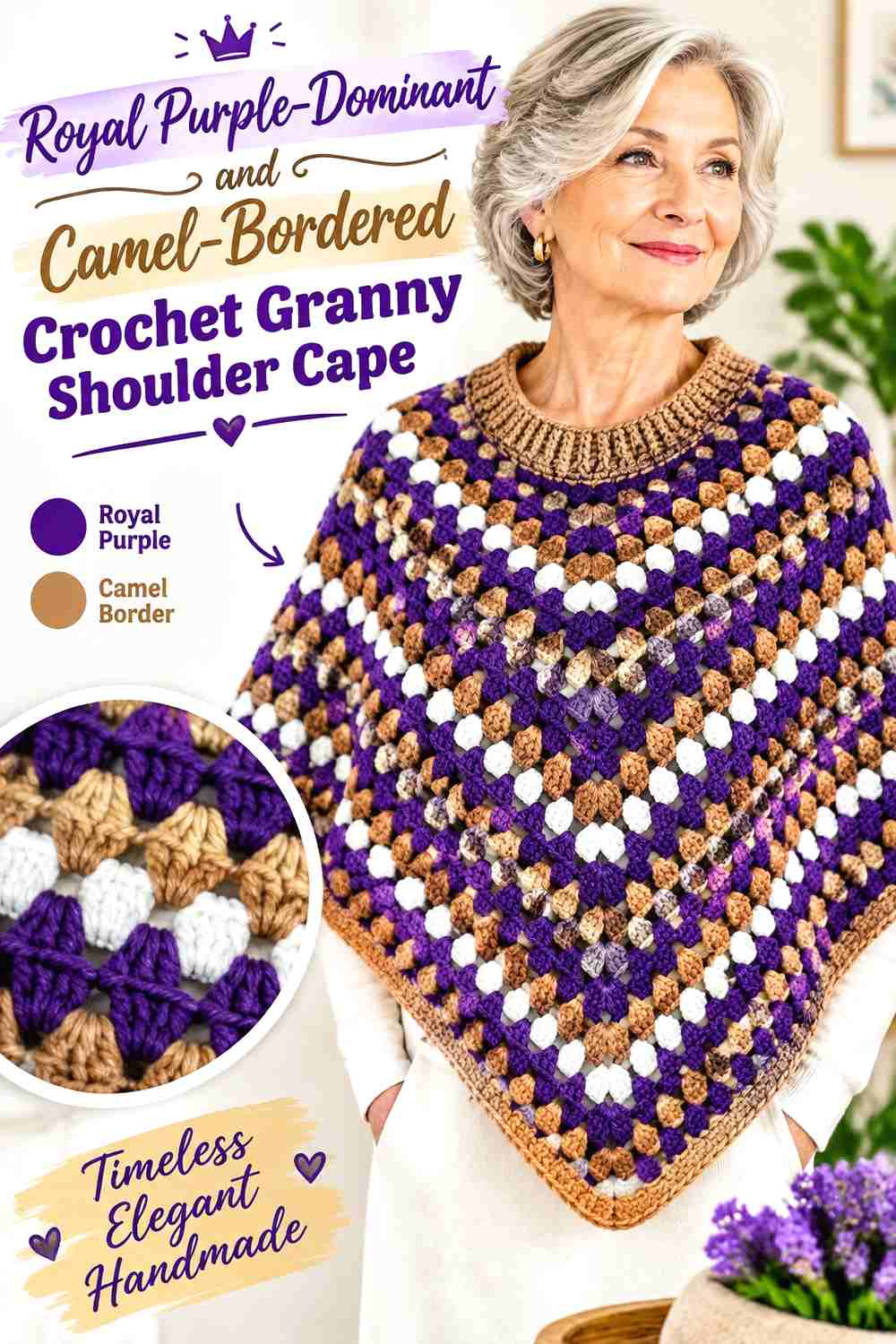1. Royal Purple-Dominant and Camel-Bordered Crochet Granny Shoulder Cape