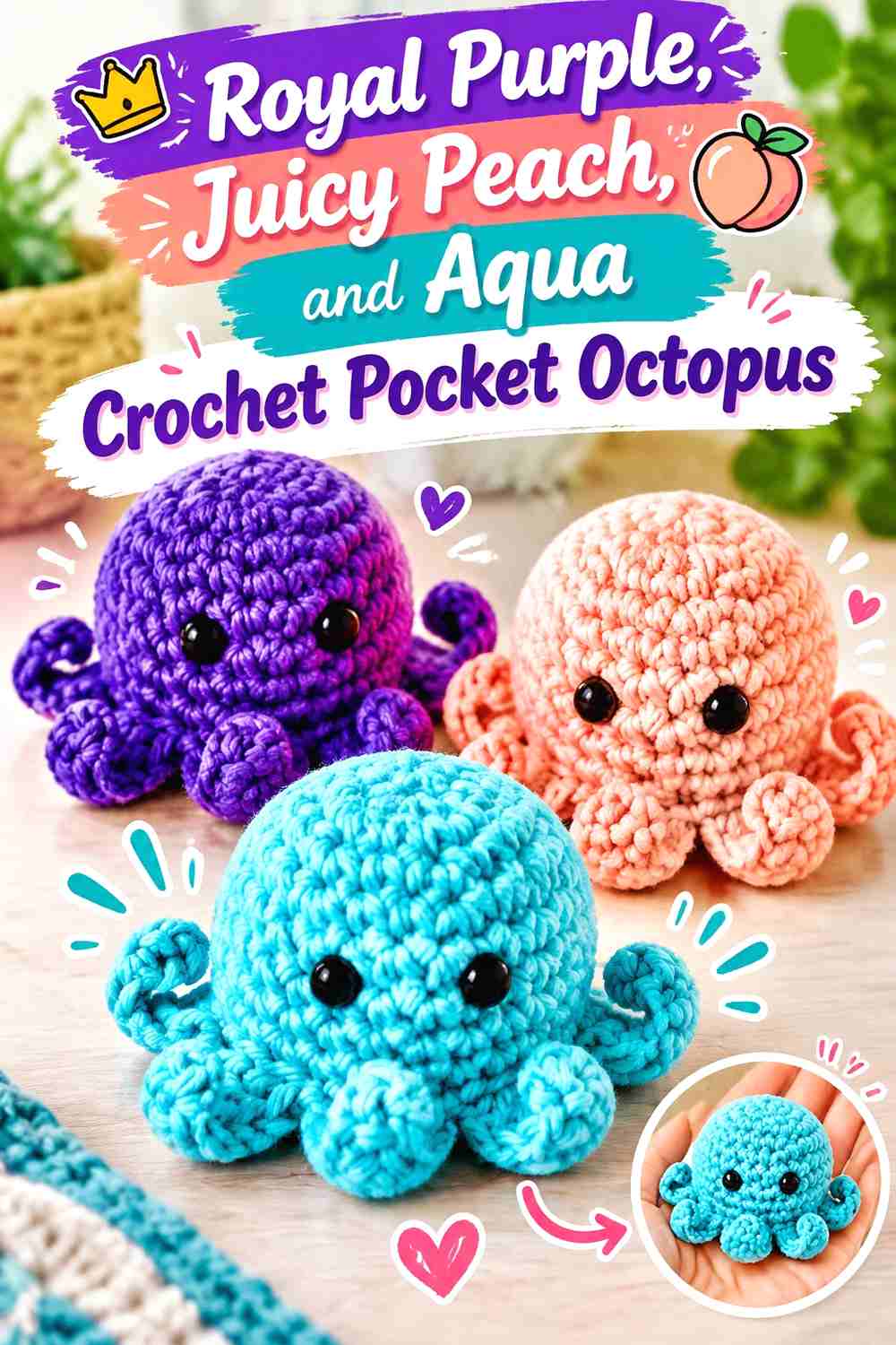 6. Royal Purple, Juicy Peach, and Aqua Crochet Pocket Octopus
