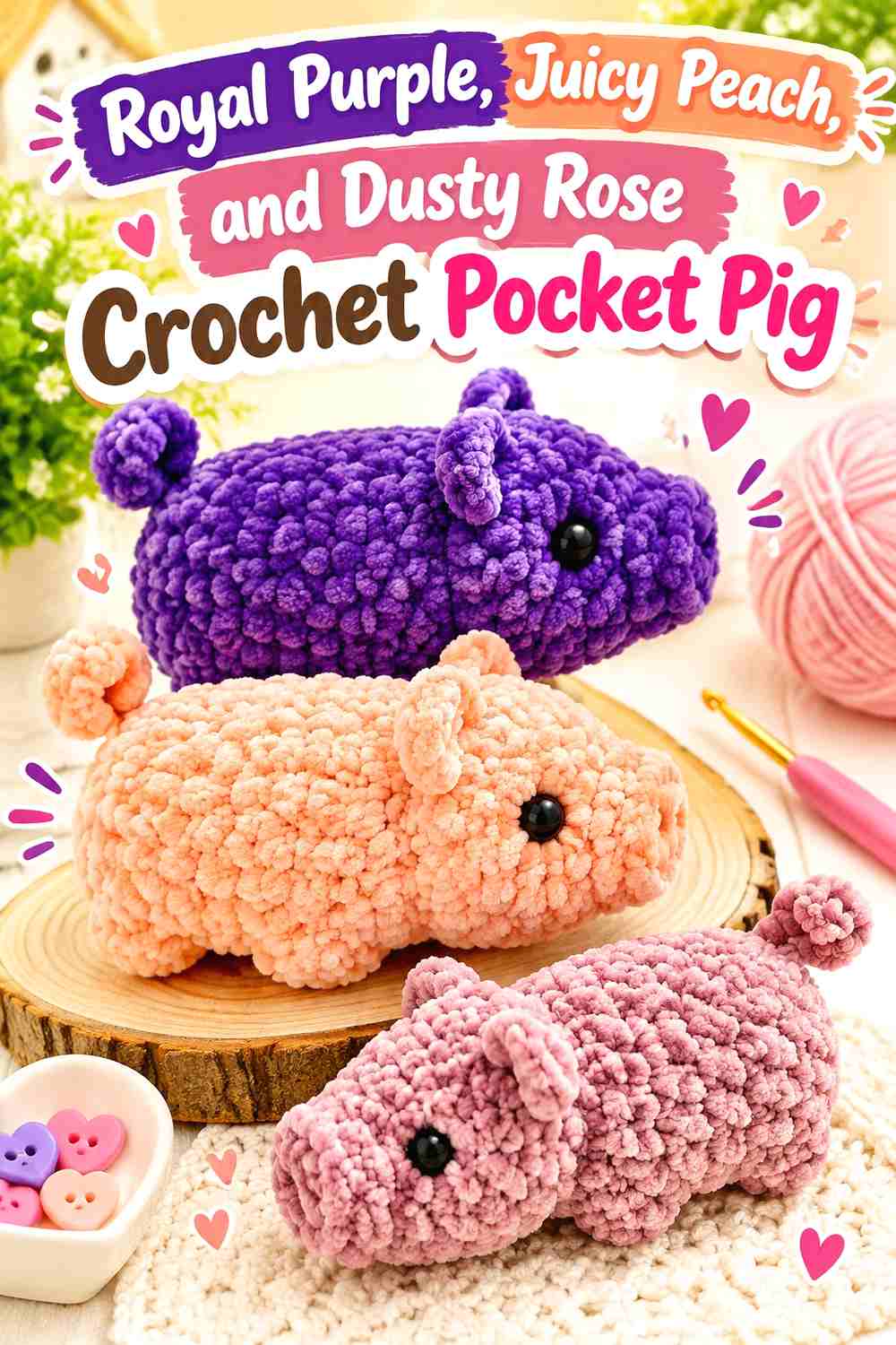 7. Royal Purple, Juicy Peach, and Dusty Rose Crochet Pocket Pig
