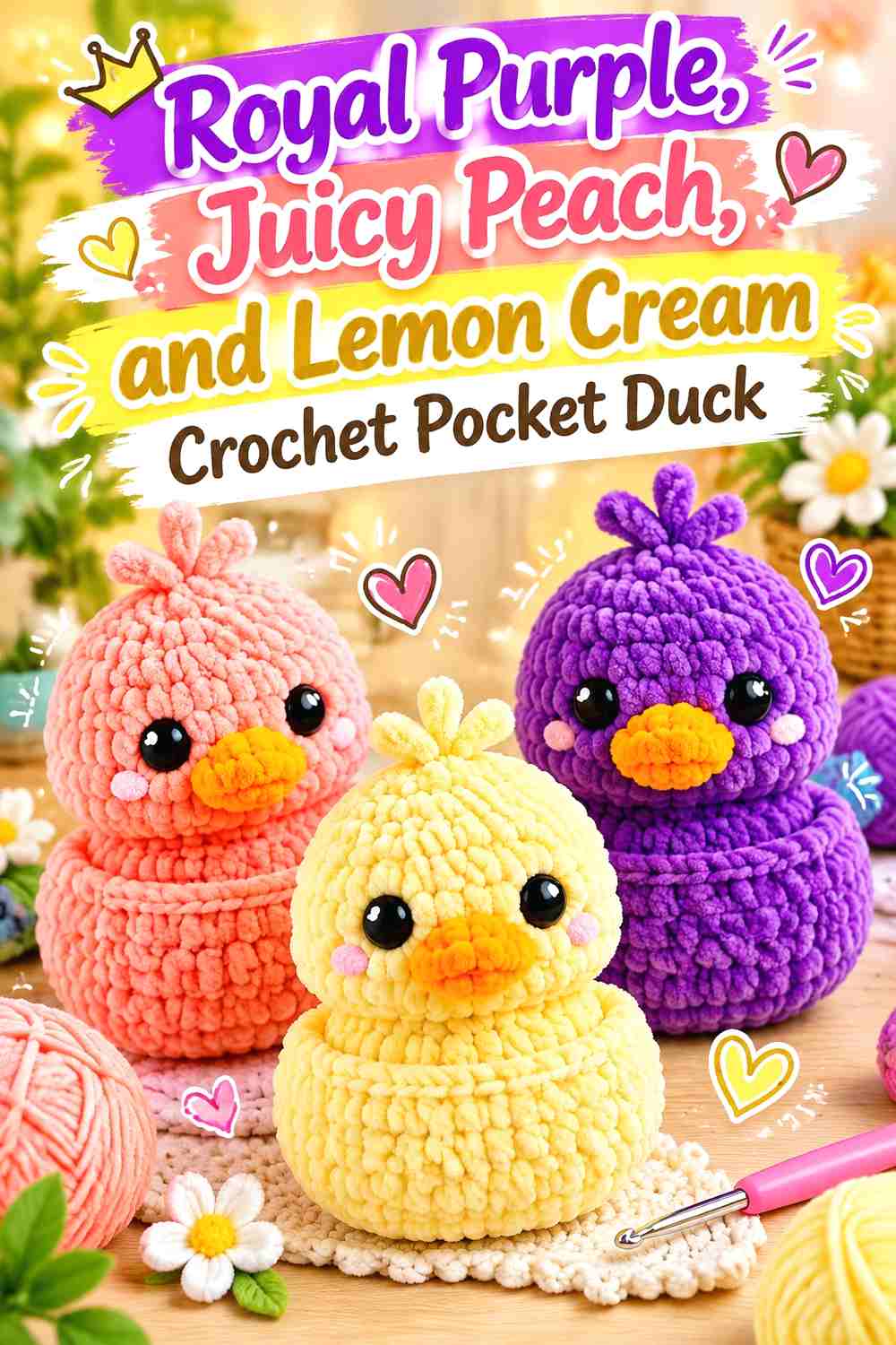 14. Royal Purple, Juicy Peach, and Lemon Cream Crochet Pocket Duck