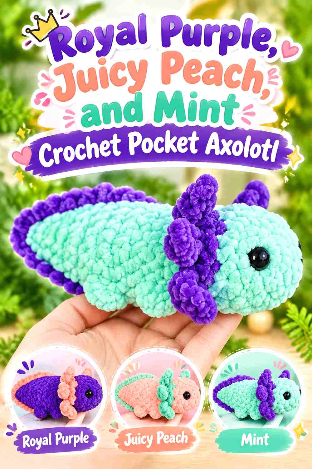 8. Royal Purple, Juicy Peach, and Mint Crochet Pocket Axolotl