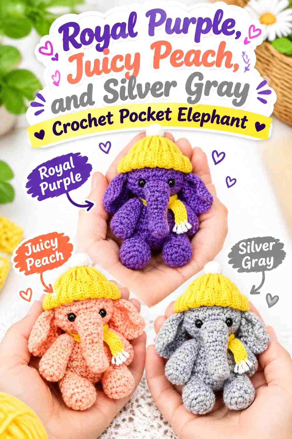 12. Royal Purple, Juicy Peach, and Silver Gray Crochet Pocket Elephant