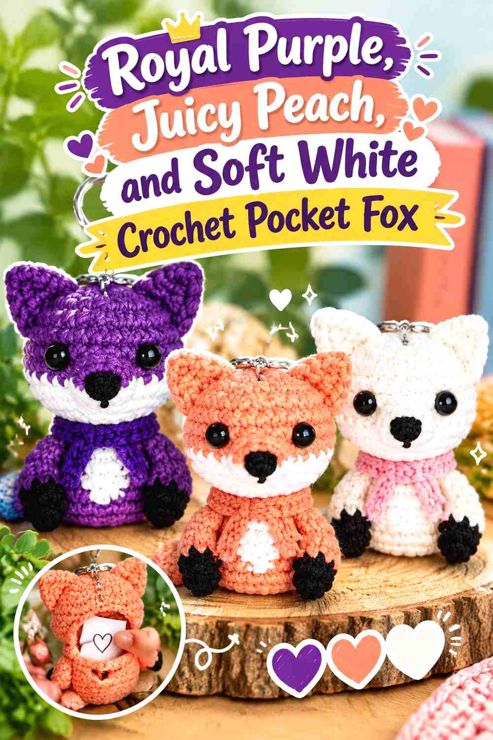 2. Royal Purple, Juicy Peach, and Soft White Crochet Pocket Fox