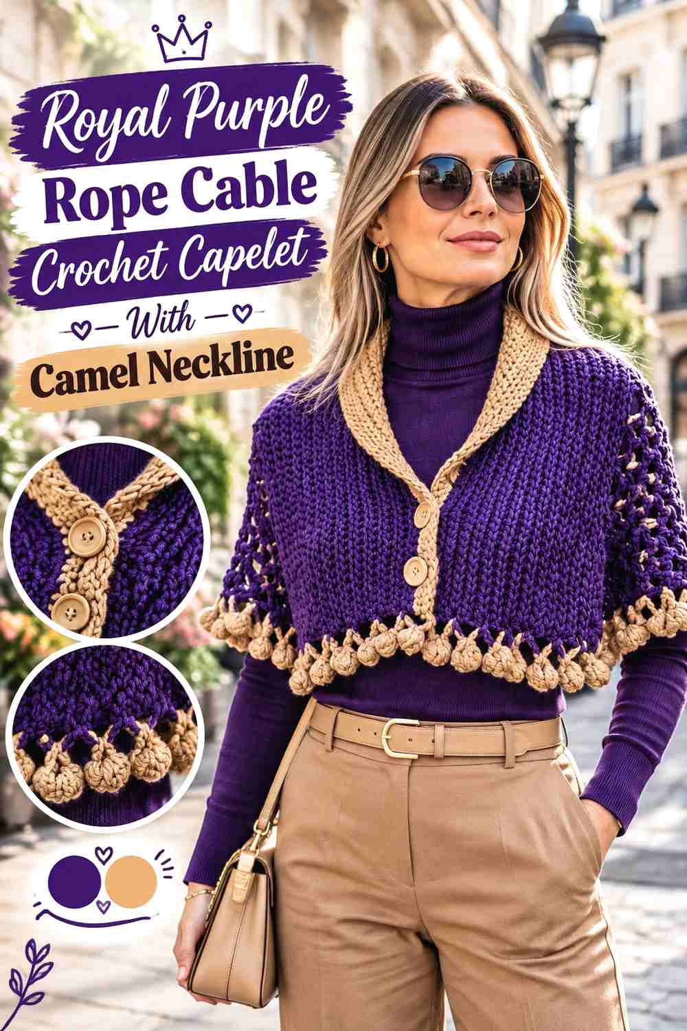 7. Royal Purple Rope Cable Crochet Capelet With Camel Neckline