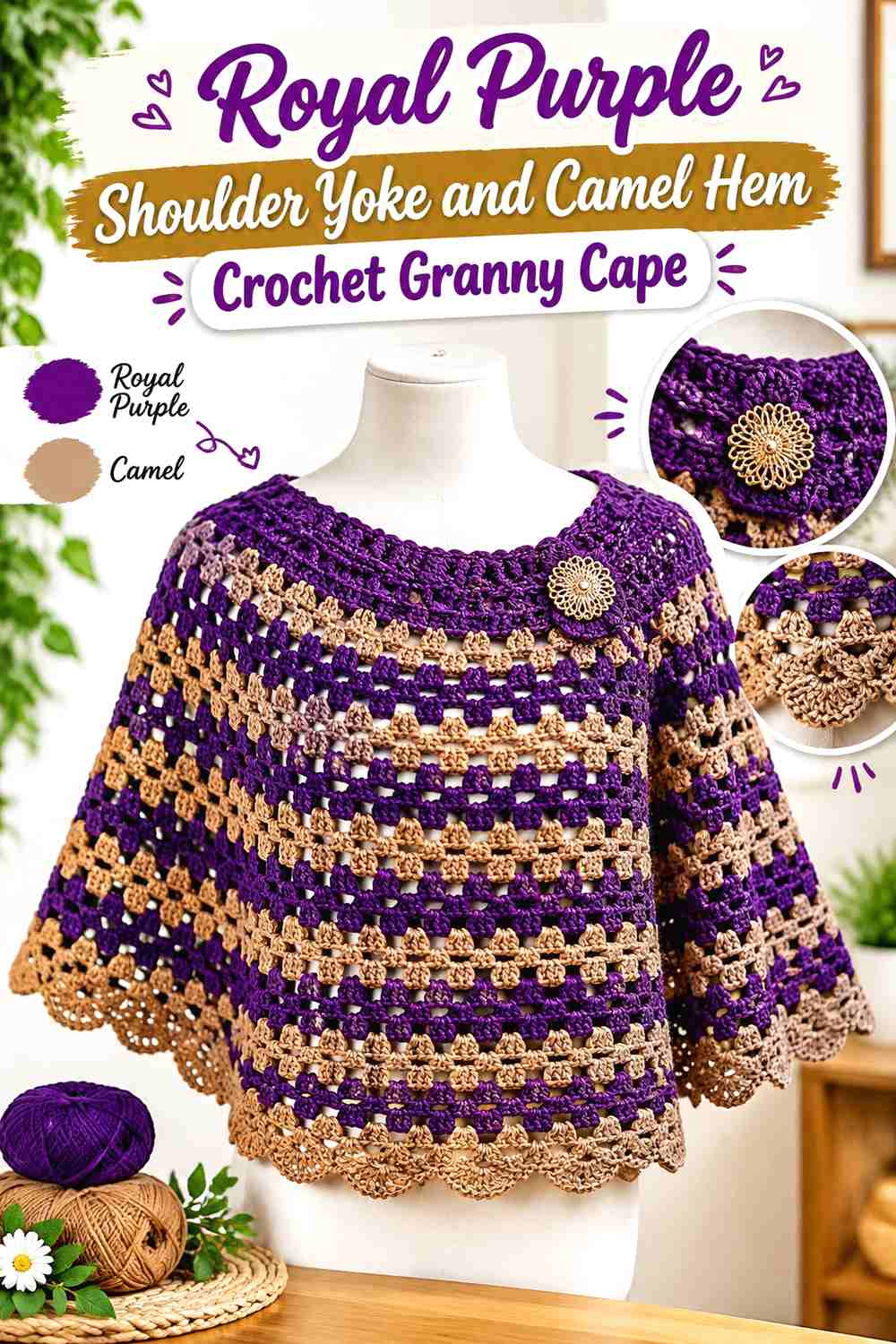 8. Royal Purple Shoulder Yoke and Camel Hem Crochet Granny Cape