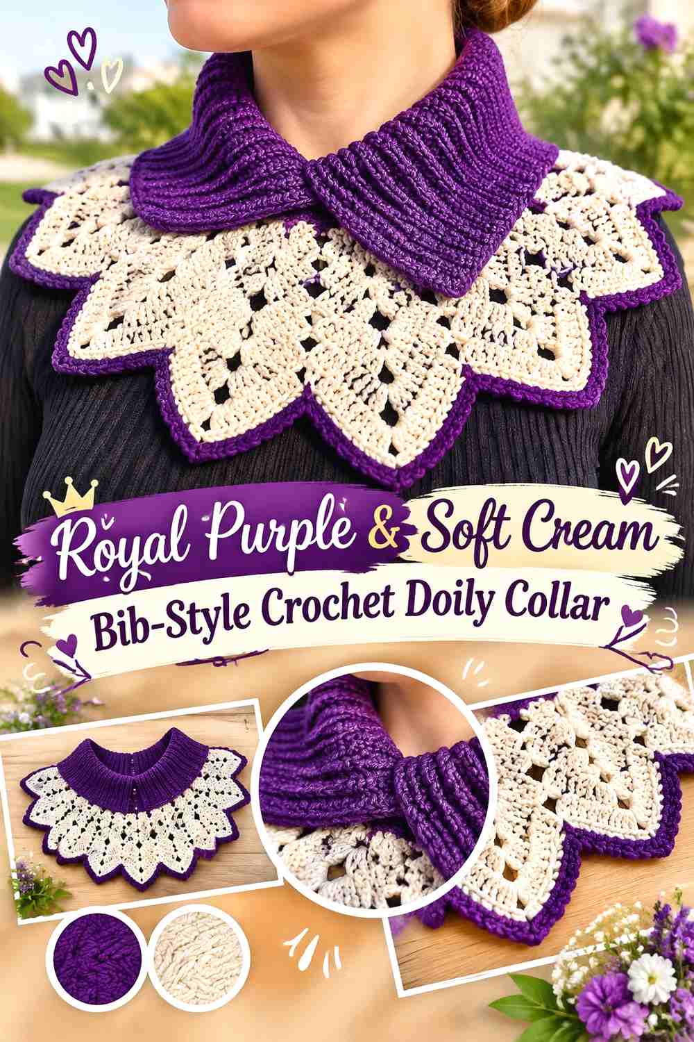 7. Royal Purple & Soft Cream Bib-Style Crochet Doily Collar