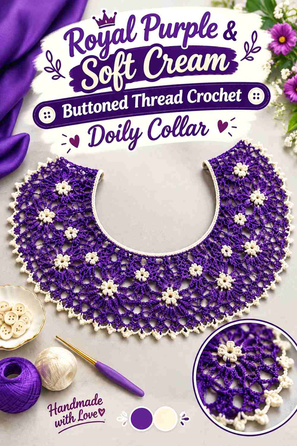 19. Royal Purple & Soft Cream Buttoned Thread Crochet Doily Collar