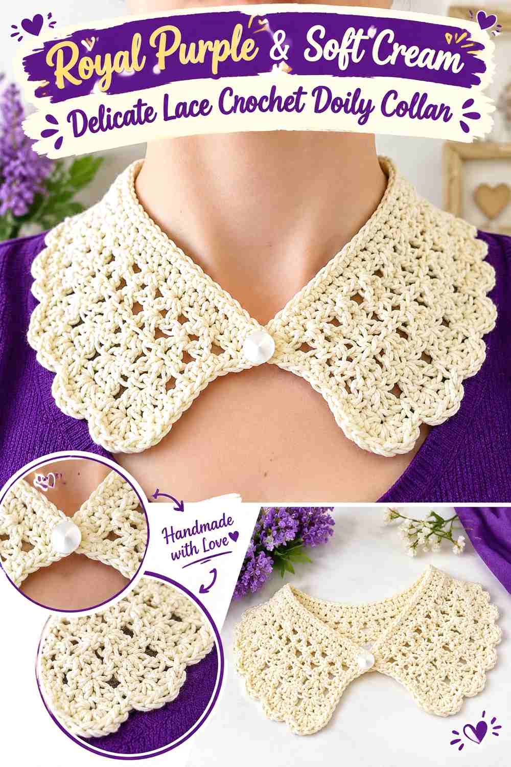 12. Royal Purple & Soft Cream Delicate Lace Crochet Doily Collar