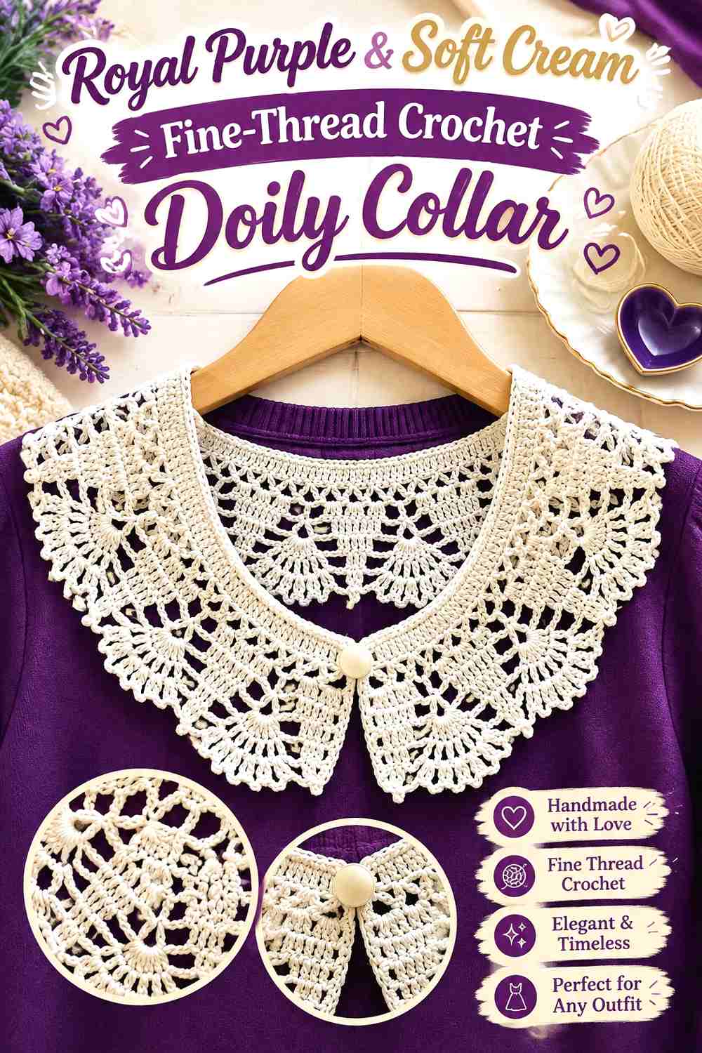 5. Royal Purple & Soft Cream Fine-Thread Crochet Doily Collar
