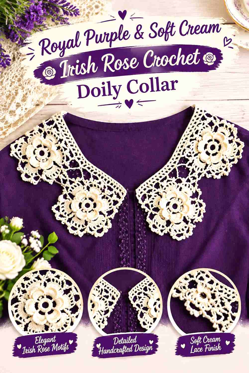 13. Royal Purple & Soft Cream Irish Rose Crochet Doily Collar
