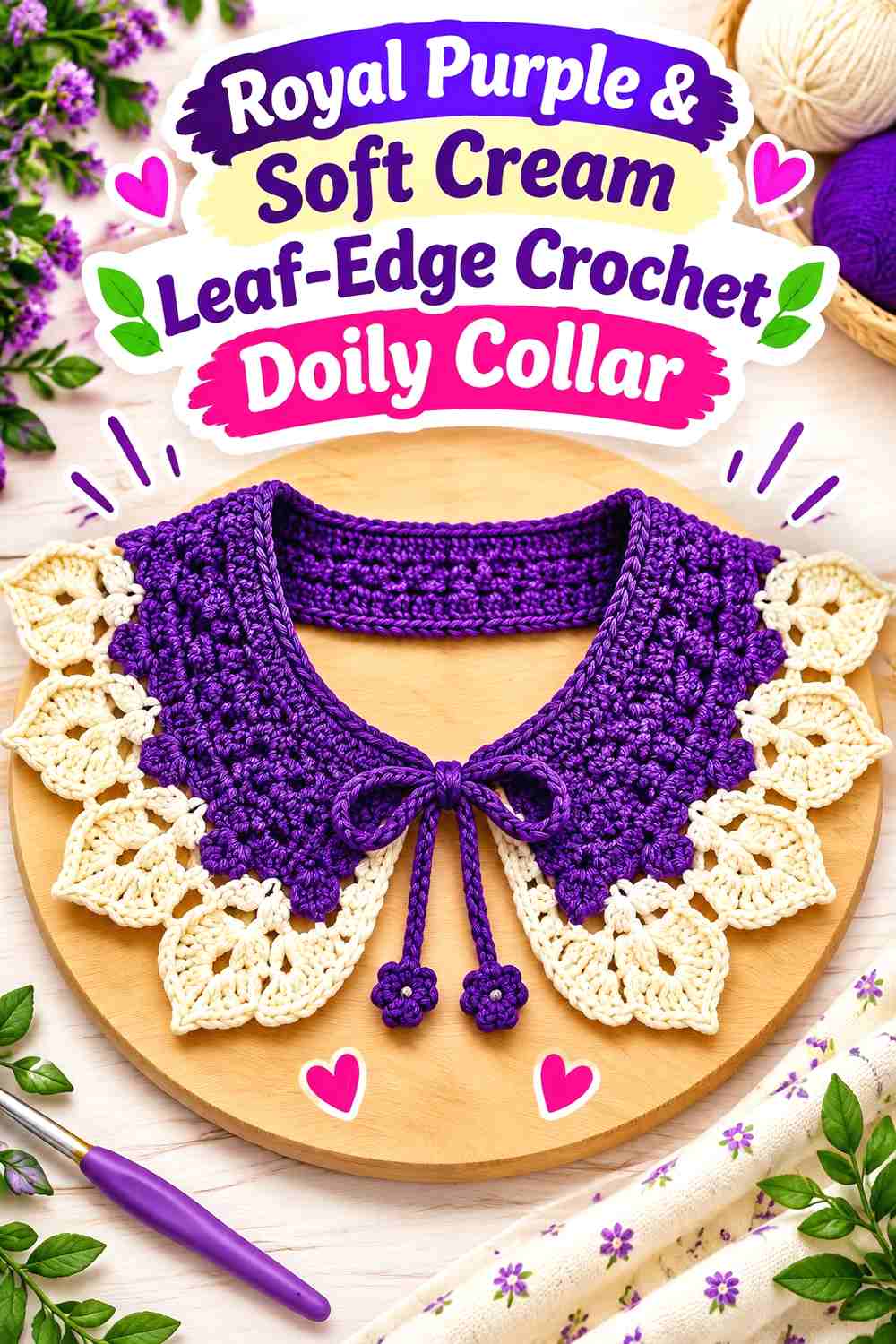 3. Royal Purple & Soft Cream Leaf-Edge Crochet Doily Collar