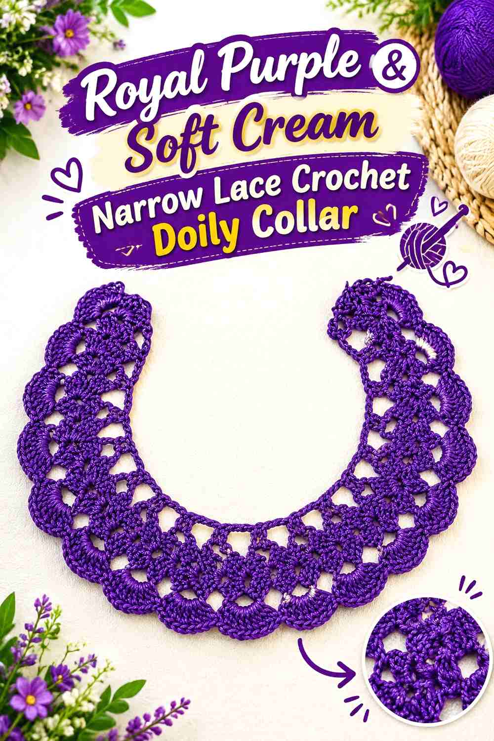 6. Royal Purple & Soft Cream Narrow Lace Crochet Doily Collar
