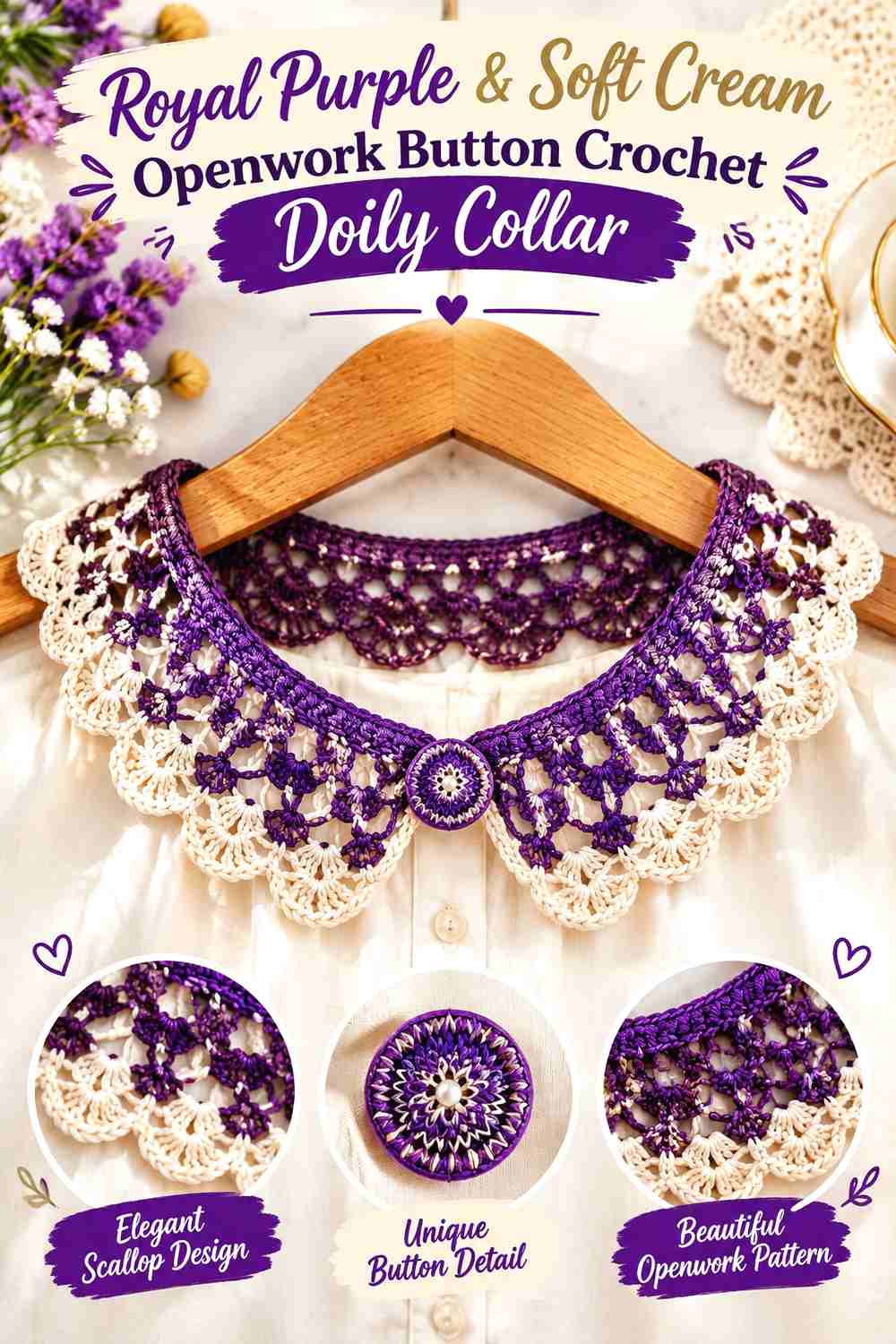 10. Royal Purple & Soft Cream Openwork Button Crochet Doily Collar