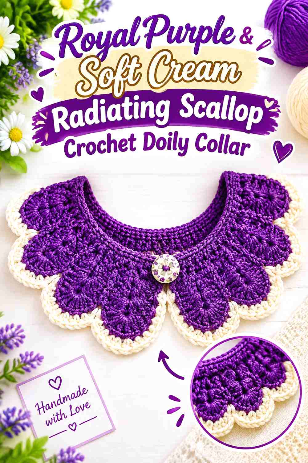 1. Royal Purple & Soft Cream Radiating Scallop Crochet Doily Collar