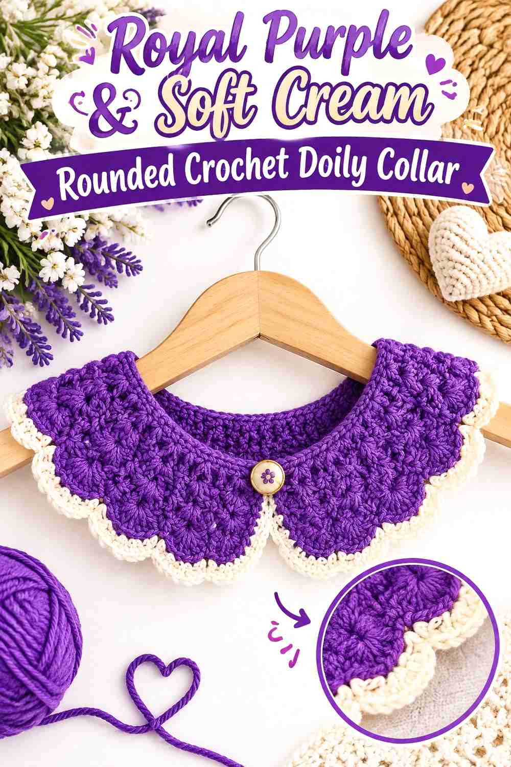 11. Royal Purple & Soft Cream Rounded Crochet Doily Collar