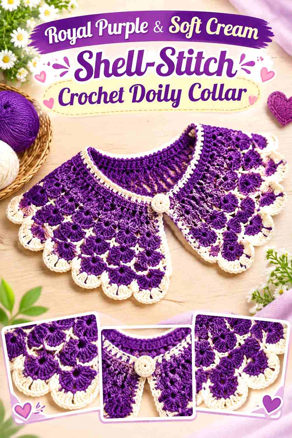 18. Royal Purple & Soft Cream Shell-Stitch Crochet Doily Collar