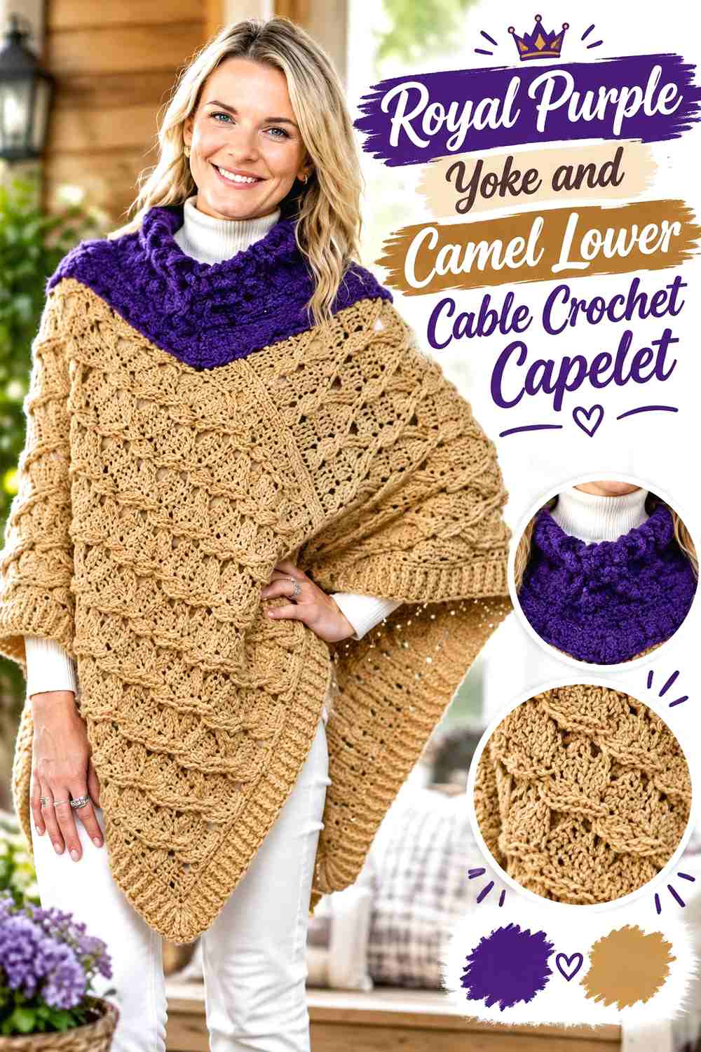 3. Royal Purple Yoke and Camel Lower Cable Crochet Capelet