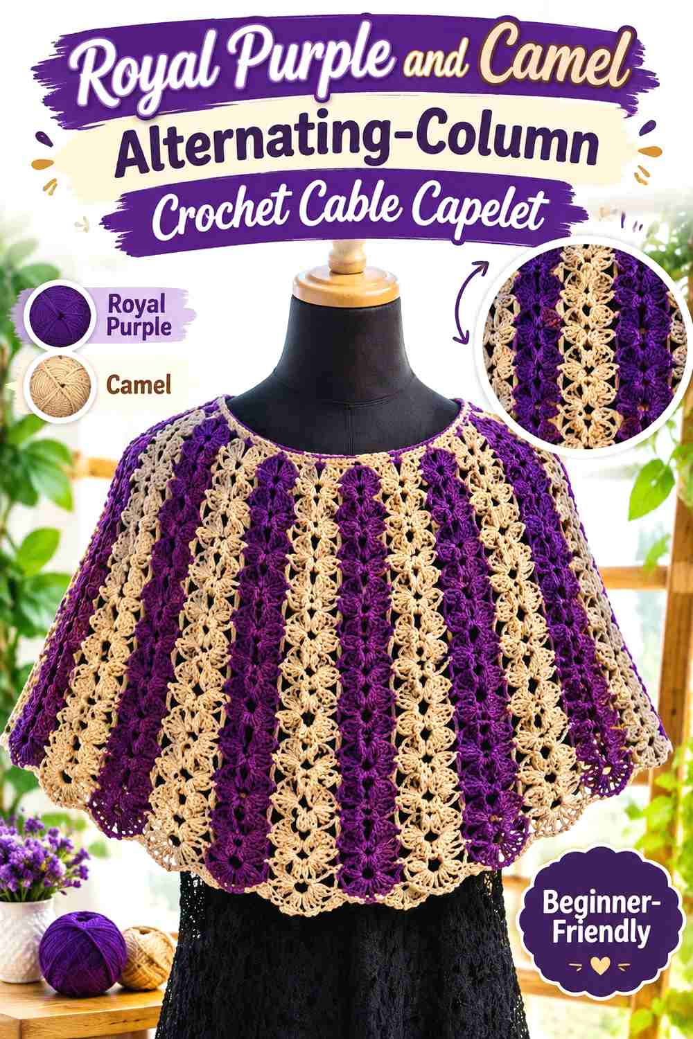 12. Royal Purple and Camel Alternating-Column Crochet Cable Capelet