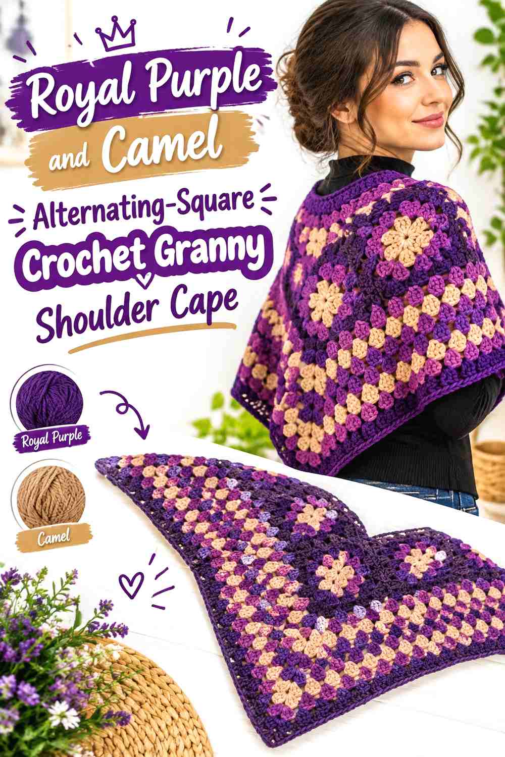 3. Royal Purple and Camel Alternating-Square Crochet Granny Shoulder Cape