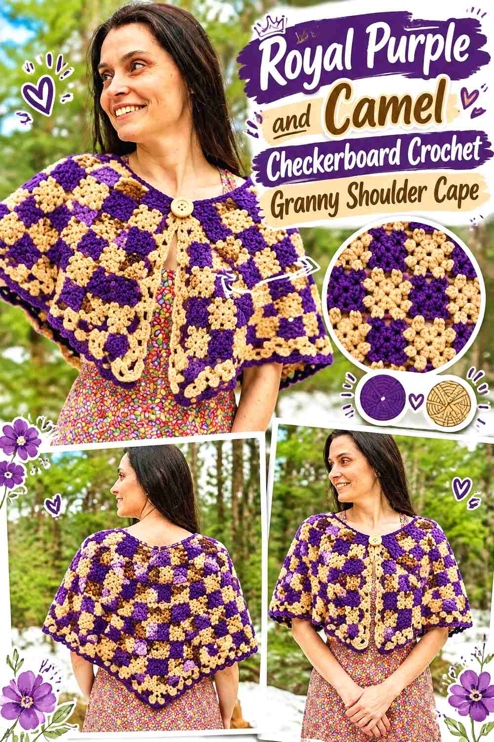 17. Royal Purple and Camel Checkerboard Crochet Granny Shoulder Cape